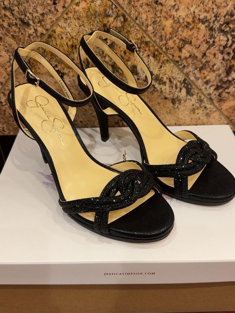 Jessica Simpson Black Beaded Knot Ankle-Strap Heels